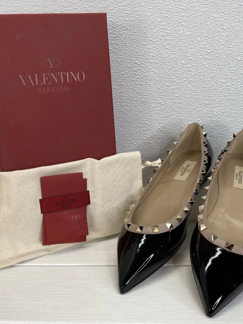 Valentino Garavani Black Patent Pointed Rockstud Flats with Beige Trim